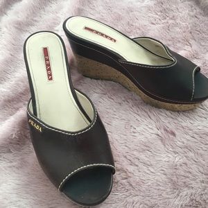 Prada brown Leather Cork Wedge Platform Sandals